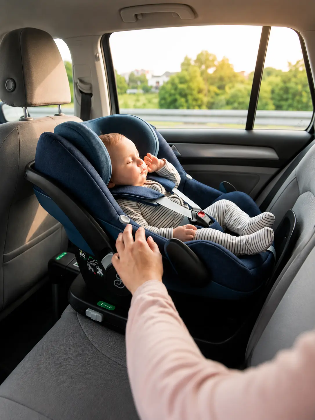 Child safely secured in a car seat